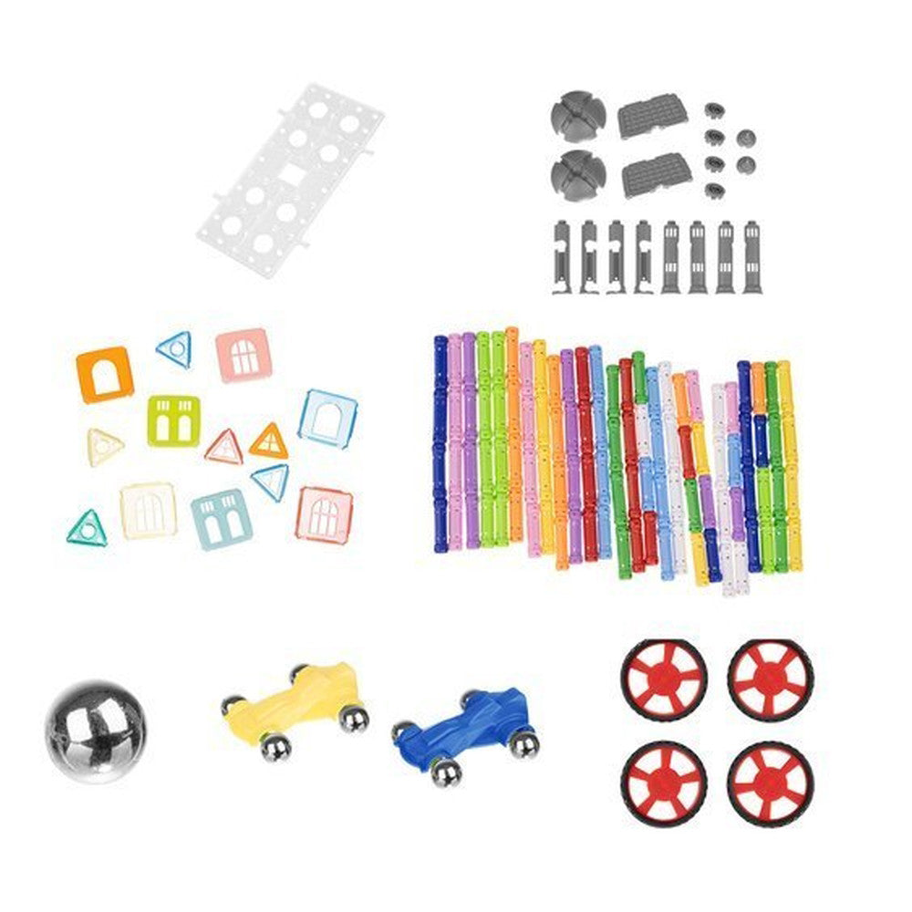 Joc Educativ cu Bastonase Magnetice, Magnetic Cubs idealStore, Contine 328 Piese, Diverse Forme si Culori, Materiale Sigure si Durabile, 2 Masinute Incluse, Stimuleaza Creativitatea, Imaginatia, Dexteritatea