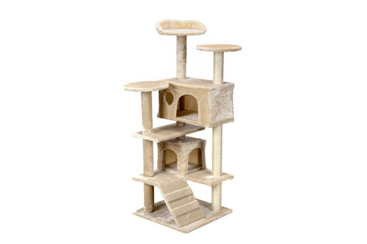 Ansamblu de joaca pentru pisici idealStore Funny Tower, 3 Turnulete, 2 Casute, Snur Sisal, Tapiterie Moale, Foarte Stabil, 131 cm inaltime