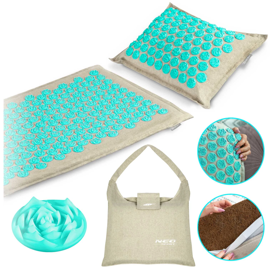 Covoras de Presopunctura NeoRelax idealStore, Tehnologie Heat-Press, Husa Detasabila, Saculet de Depozitare, Ajuta la Diverse Afectiuni, Culoare Gri Turcoaz