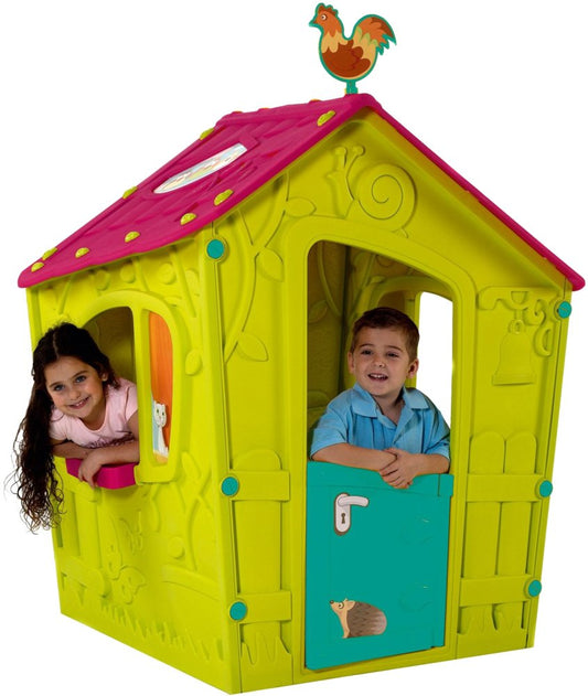 Casuta pentru copii CHEERFUL HOUSE idealSTORE, Dimensiuni 146 x 110 x 110, Structura sigura, stabila, realizata din plastic de cea mai buna calitate, Material rezistent la conditiile meteorologice, Ideala pentru gradina