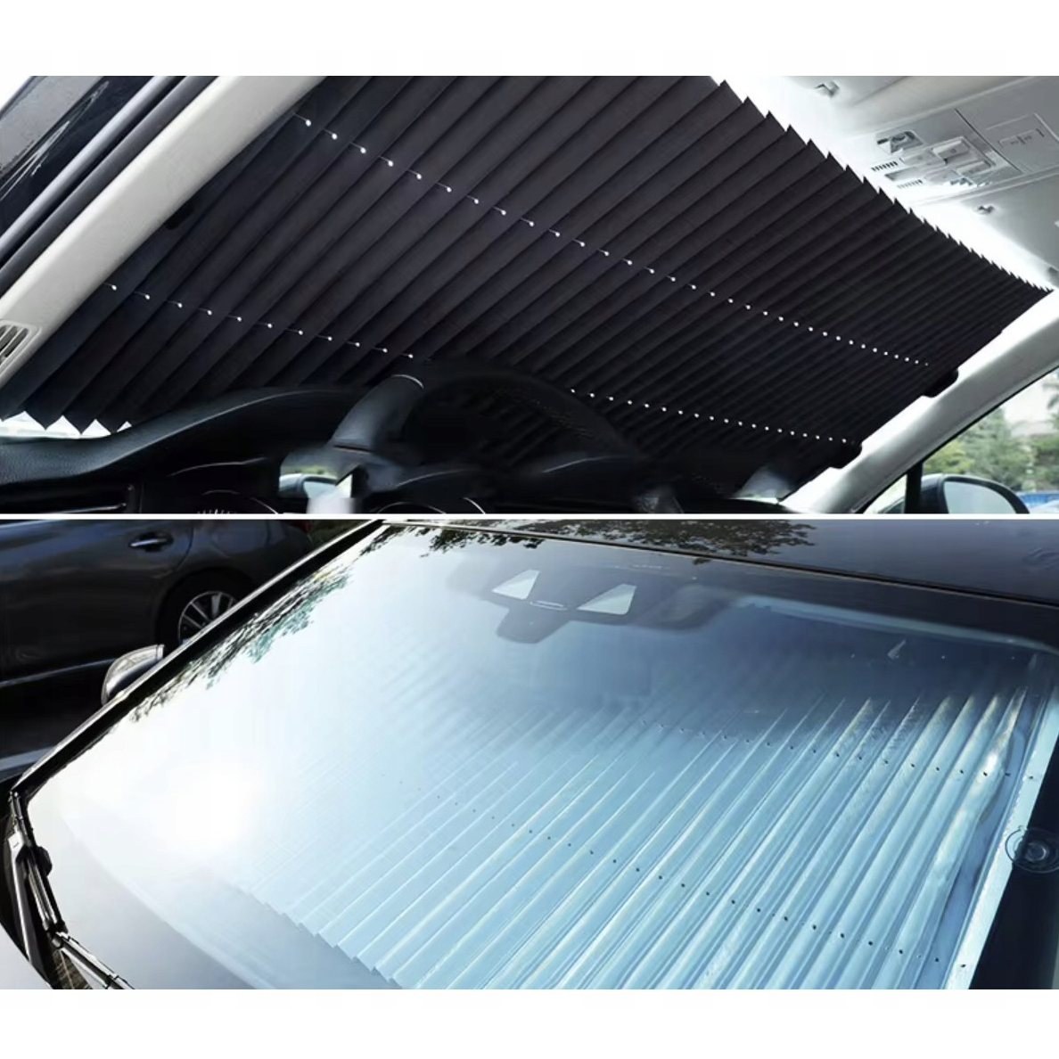 Parasolar Auto Retractabil idealStore, Prindere cu Ventuze, Latime Ajustabila, Pliere Stil Acordeon, Dimensiuni 150 x 65 cm, Strat Exterior din Aluminiu, Tratat UV