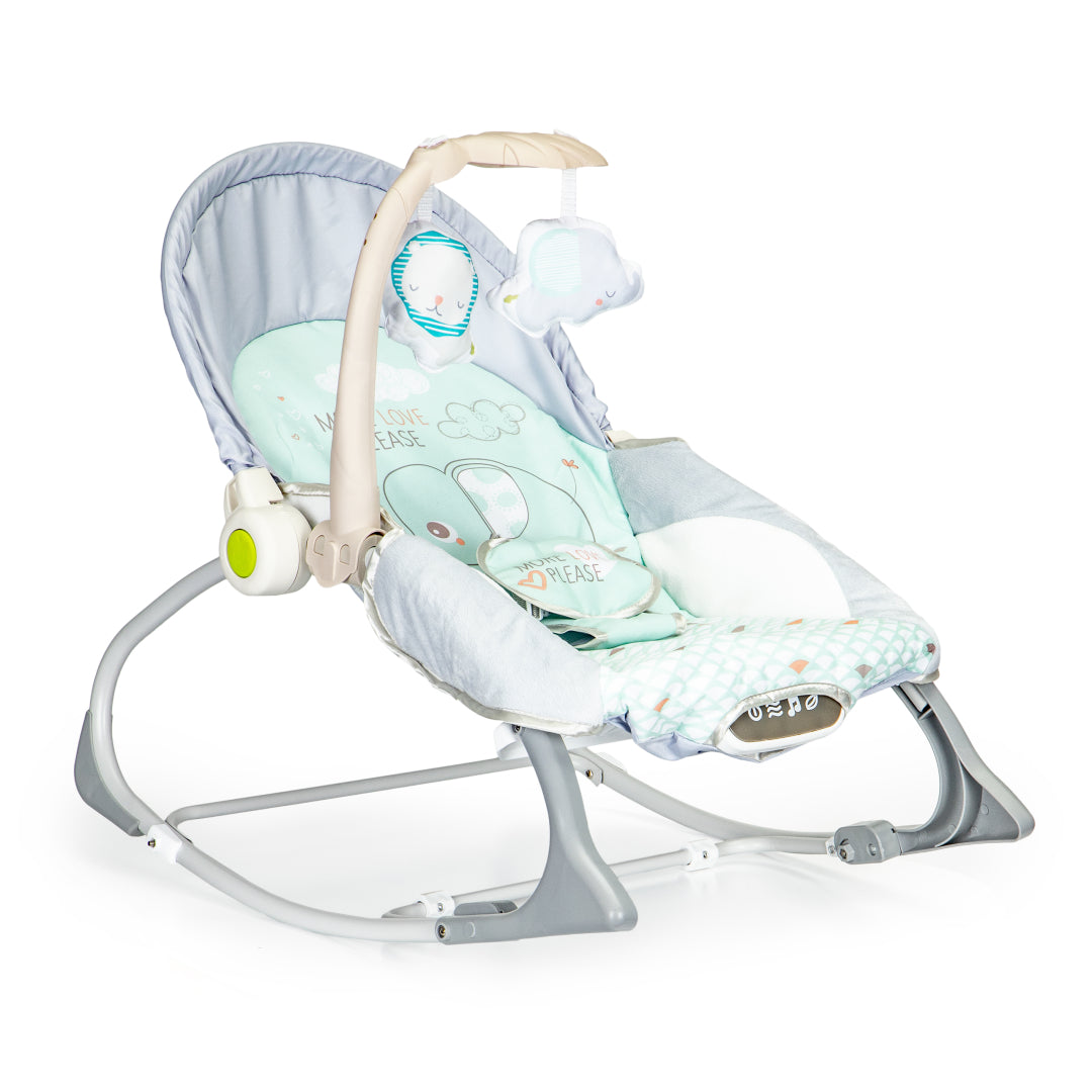 Balansoar Multifunctional 3 in 1 Little Elephant idealSTORE, Echipat cu o Saltea Moale, O Bara cu 2 Jucarii, Centuri de Siguranta in 3 Puncte, Panou cu Vivratii si Cantece pentru Adormit, Permite Blocarea Balansului, Husa Detasabila, 0-18 Kg