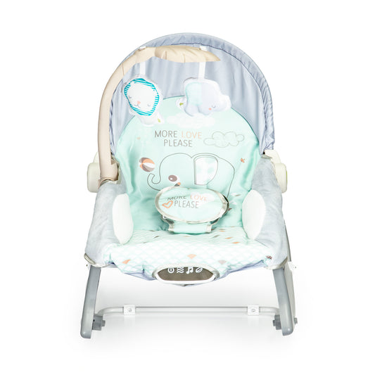 Balansoar Multifunctional 3 in 1 Little Elephant idealSTORE, Echipat cu o Saltea Moale, O Bara cu 2 Jucarii, Centuri de Siguranta in 3 Puncte, Panou cu Vivratii si Cantece pentru Adormit, Permite Blocarea Balansului, Husa Detasabila, 0-18 Kg