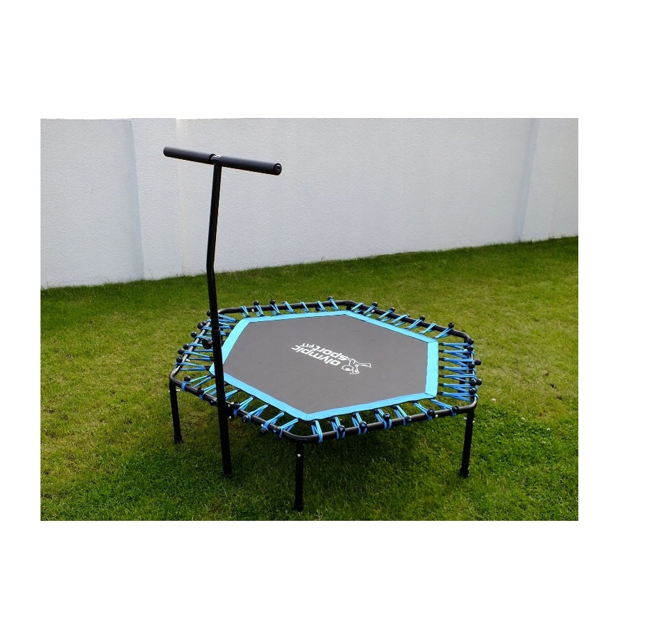 Trambulina Fitness idealStore pentru exercitii, Diametru 130 cm, Include maner antiderapant, Cadru otel armat, 7 Picioare, Sarcina max 120 Kg, Culoare Negru-Albastru