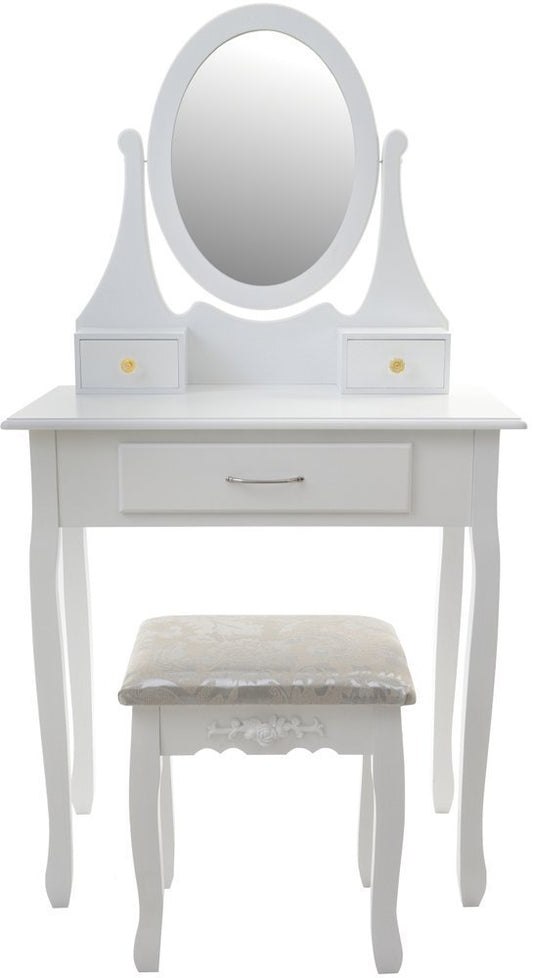 Set Masuta de Toaleta pentru machiaj cu oglinda si Scaun idealSORE, Dimensiuni 137 x 77 x 66 cm, Confectionat din lemn, MDF, Tapiterie poliester, Include 3 sertare spatioase, Culoare Alba