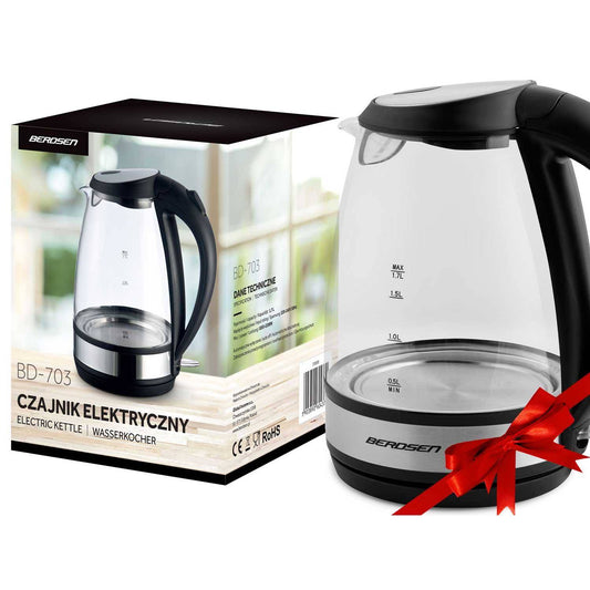 Fierbator Electric Berdsen din sticla idealSTORE, Dimensiuni 25 x 21 cm, Capacitate 1,7L, Protectie impotriva gatirii uscate, Baza pivotanta 360, Picioare antiderapante, Iluminat Albastru, Modern