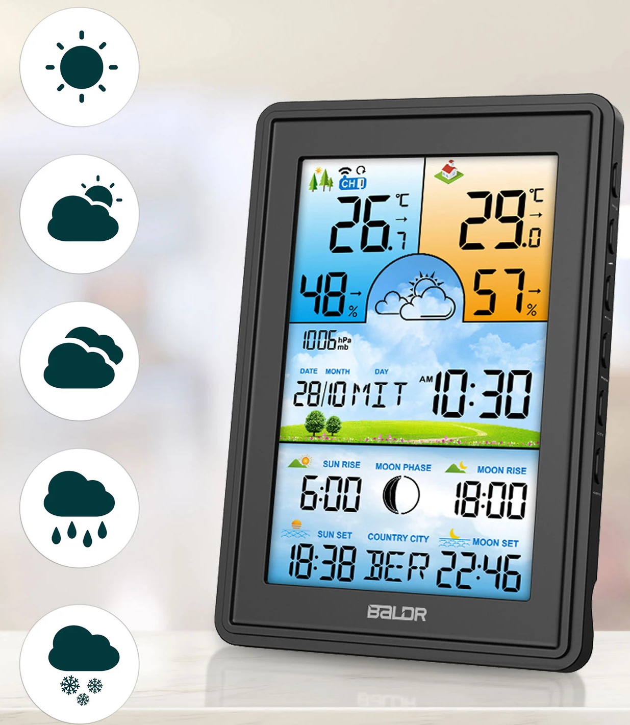 Statie Meteo fara fir IDL Baldr@ cu Senzor Exterior, Higrometru, Barometru, Prognoza meteo, Fazele Lunii, Afisaj Color, Predictie Temperatura si Umiditate, Ecran luminat, culoare Negru