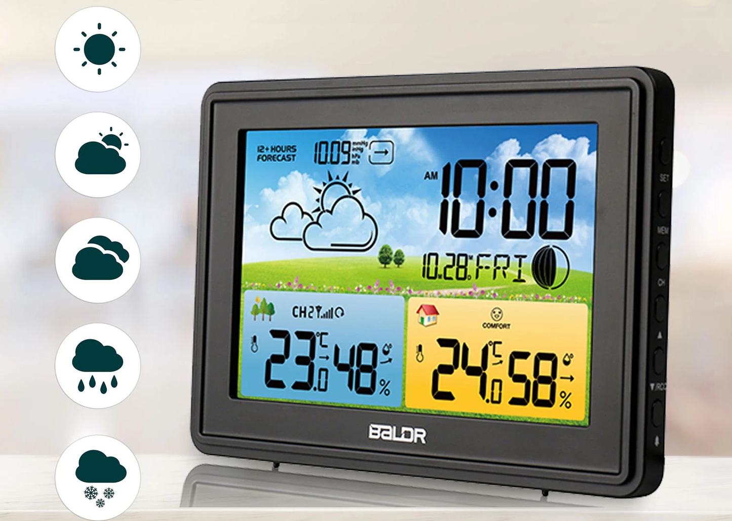 Statie Meteo fara fir IDL Baldr@+ cu Senzor Exterior, Higrometru, Barometru, Prognoza meteo, Fazele Lunii, Pictograma nivel de Confort, Ceas cu Alarma, Ecran luminat, culoare Negru