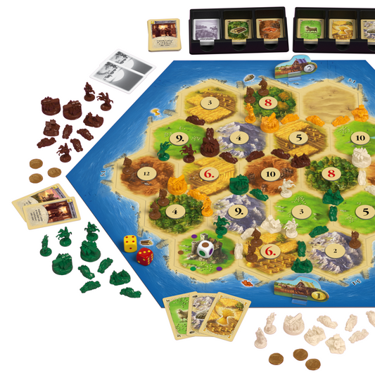 Joc de Societate CATAN - Jocul de baza, idealSTORE Include 19 Regiuni Hexagonale, 6 Margini, 18 Jetoane Numerotate, Figurina Hot, 2 Zaruri, Regulament, Suporturi pentru Carti, Cutiute pentru Figurine, Cartir de Dezvoltare, Resurse, Speciale, Costuri de Co