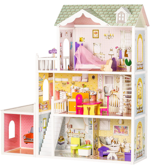 Casuta de papusi din lemn cu garaj idealSTORE MIAMI HOT RESIDENCE, Dimensiuni 124 x 38 x 114 cm, 3 nivele independente, 6 camere, un set de 13 piese mobilier si o papusa Barbie dezvolta distractia creativa