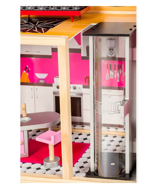 Casuta de papusi din lemn cu lift idealSTORE SOFT GOLDEN RESIDENCE, Dimensiuni 114 x 32 x 87 cm, 3 nivele compuse din 4 camere cu design unic si 10 piese de mobilier exclusivist imita un spatiu de joaca perfect