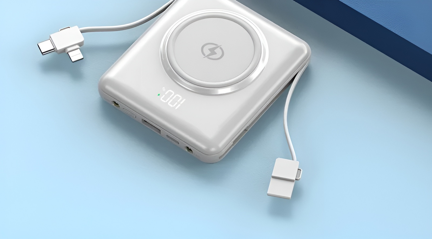 Baterie Externa Mini Battery IdealStore 10000 maH, 4 iesiri USB, USB tip C, USB tip micro, Incarcare fara fir, Tensiune Iesire 5V-2.1A, Incarcare rapida, WHITE