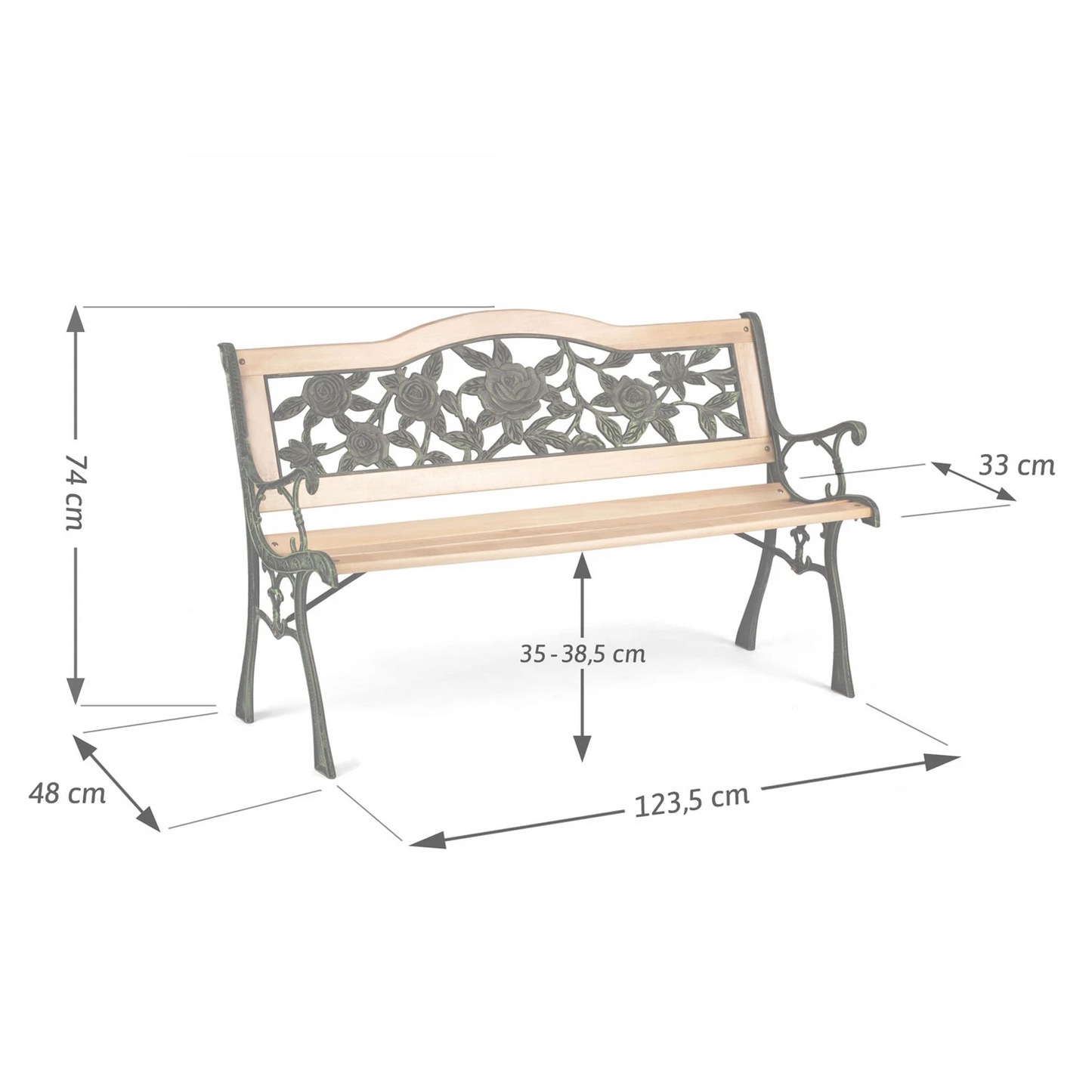 Banca de Gradina IdealStore Garden Collections, Spatar Floral, Cadru din fier, Lemn de Plop, Dimensiune 123,5 x 74 x 48 cm, Perfect Pentru Seri Relaxante, Nature