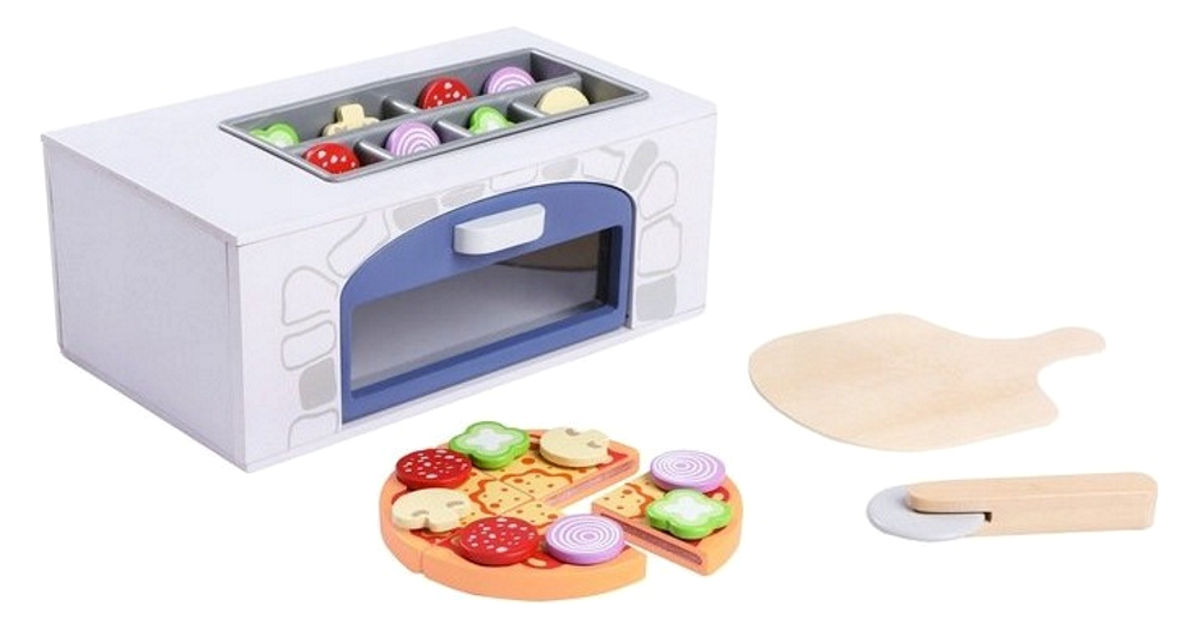 Cuptor pentru Pizza din Lemn idealSTORE, Dimensiuni 11.5 x 28.5 x 16 cm, Echipat cu 8 ingrediente specifice si 3 accesorii specifice, Distractia creativa va dezvolta abilitatile manuale, imaginatia