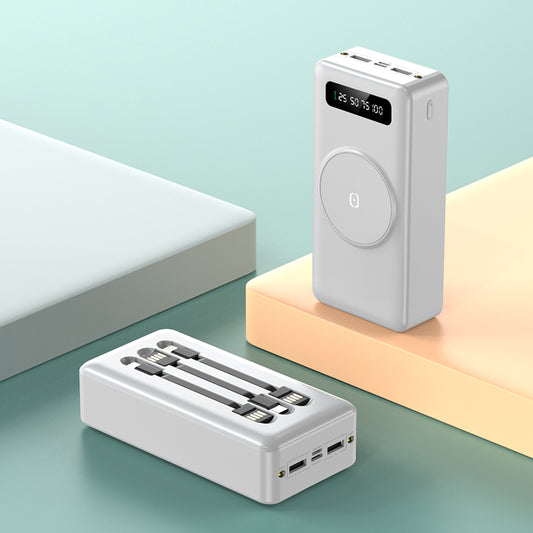 Baterie Externa MaxCharge IdealStore Wireless, Capacitate 30.000 mAh, Display LED procentaj baterie, Detine 4 iesiri, 1 Iesire USB, 1 Iesire type-C, 1 Iesire Micro-USB, 1 Iesire Wireless, Incarcare rapida, Tensiune iesire 5V-2A, White Edition