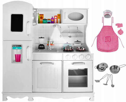 Bucatarie din lemn premium idealSTORE Chef's Max Cook, Dimensiuni 98 x 92.5 x 30 cm, Iluminare LED, Echipata complet, Include elemente mobile, Accesorizata cu ustensile specifice, Creste abilitatile manuale si de actorie