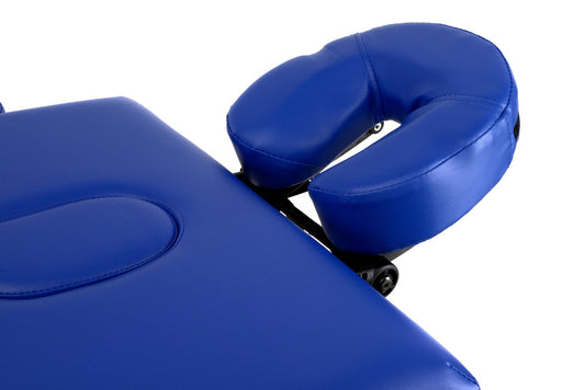 Masa de masaj pliabila idealSTORE, 2 segmente, Inaltime reglabila 62-84 cm, Piele ecologica moale, 2 cotiere laterale, Structura din lemn, Sarcina 250 KG, Rezistenta la uleiuri si apa, Include geanta de transport cadou, Albastru