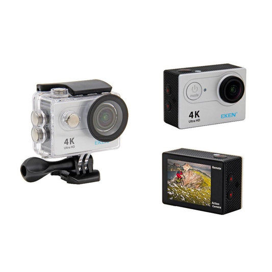Camera video super sport Eken Ultra HD 4K 170 grade, Subacvatica 30 m, Wi-Fi Hotspot, Kit accesorii sport, HDMI, 2-inch, Silver+ Telecomanda Cadou