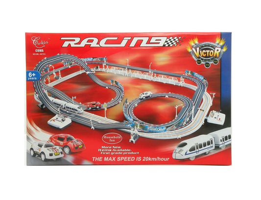 Set de joaca complex IDL DOUBLE RACING TRAIN, Include 113 piese simbolice: pista dubla, locomotiva cu 3 vagoane, elemente decorative, masinuta echipata cu LED, stimuleaza creativitatea copilului si dezvolta perfect abilitatile manuale si imaginatia