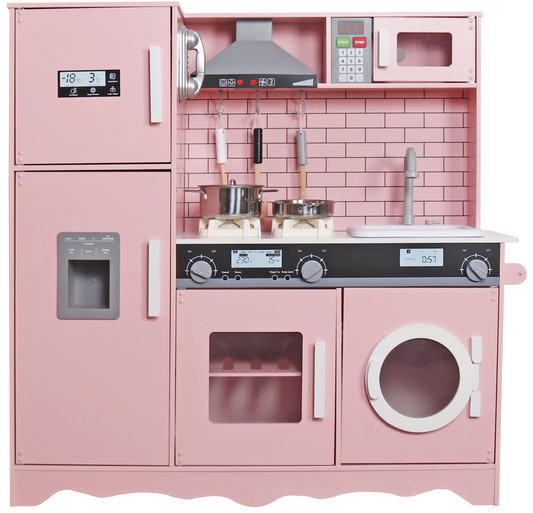 Bucatarie din lemn idealSTORE, Dimensiuni 97 x 30 x 94 cm, Material MDF, Echipata cu Efecte luminoase si Sonore, Utilata complet cu Accesorii si Ustensile specifice, Frigider, Cuptor cu Microunde, Aparat de gheata, Masina de Spalat, Dezvolta imaginatia