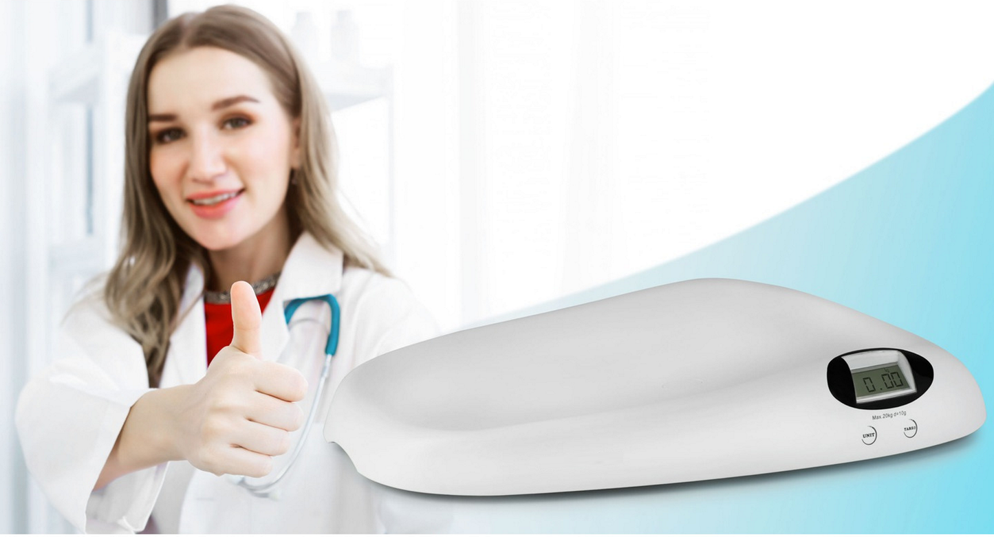 Cantar electronic pentru bebelusi idealSTORE, Forma ergonomica, Structura stabila, Ecran LCD, Blocarea rezultatului cantarii, memoria ultimei masuratori, Sarcina 20 kg