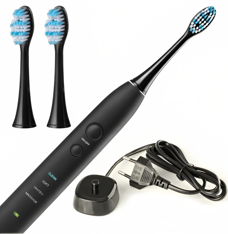 Periuta de dinti sonica profesionala IdealStore neagra, 40.000 rotatii pe minut cu 4 moduri de functionare, 3 capete interschimbabile si statie de incarcare