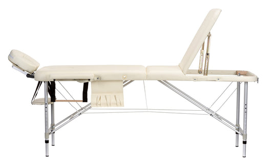 Masa De Masaj Pliabila idealStore, 3 Sectiuni, Inaltime Reglabila 65-87 cm, Piele Ecologica Moale, 2 Cotiere Laterale, Tetiera, Sacrina 250 kg, Structura din Aluminiu, Rezistenta la Uleiuri si Apa, Geanta de Transport, Crem