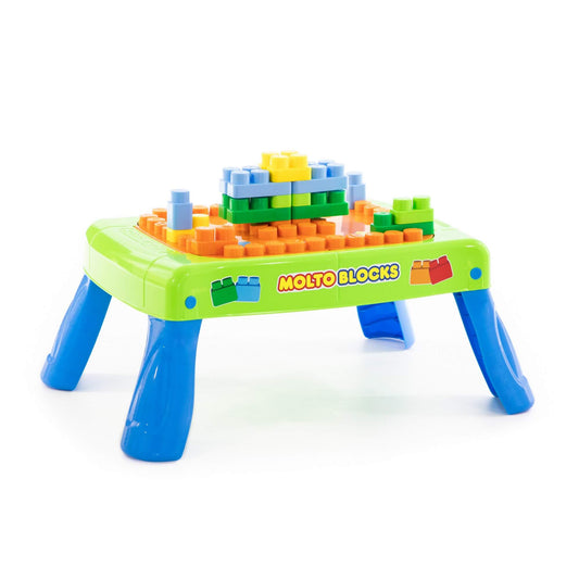 Set Masuta cu blocuri de construit MoltoBlocks idealSTORE, Dimensiuni 64 x 46 x 27 cm, Include 20 de blocuri de diferite culori, Loc pentru depozitarea blocurilor, Ajuta la cresterea indemanarii si a imaginatiei, Culoare Verde- Albastru