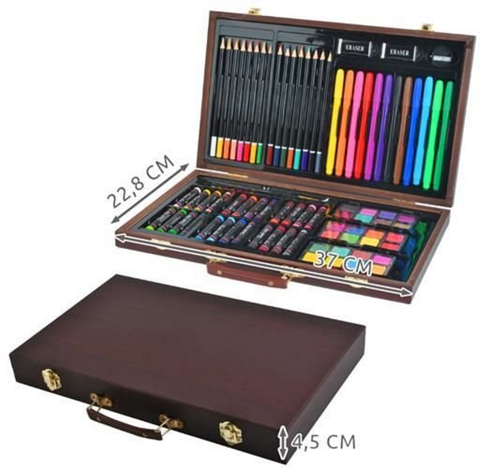 Set pentru Pictura si Desen ARTIST PICTOR IdealStore Dimensiuni 37 x 22,8 x 4,5 cm, Contine 81 de piese si o trusa organizare din lemn, pentru a incepe o aventura artistica, potrivita atat pentru incepatori cat si pentru artistii avansati