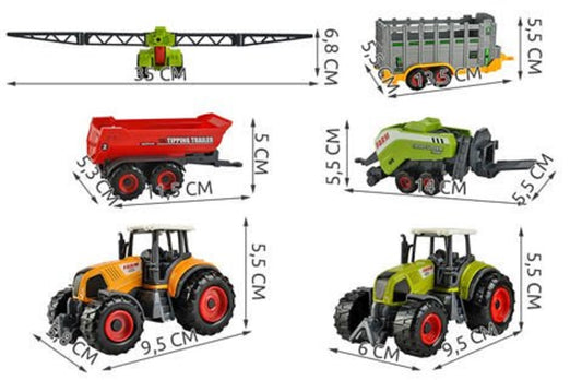 Set 6 Utilaje Agricole idealStore Farm Cars, Replici Realiste, 2 Tractoare, Pulverizator, Remorca Basculabila, Presa pentru Paie