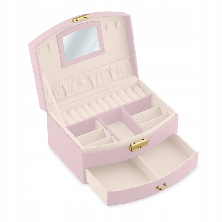 Cutie de Bijuterii idealSTORE, Dimensiuni 20,5 x 13,5 x 10,5 cm, Include Oglinda, Incuietoare, Organizator pe 2 nivele, Spatiu pentru inele, Cercei, Umerase pentru Colier, Piele Ecologica, Rezistenta la Socuri, Maner pentru Transport, Design Rafinat