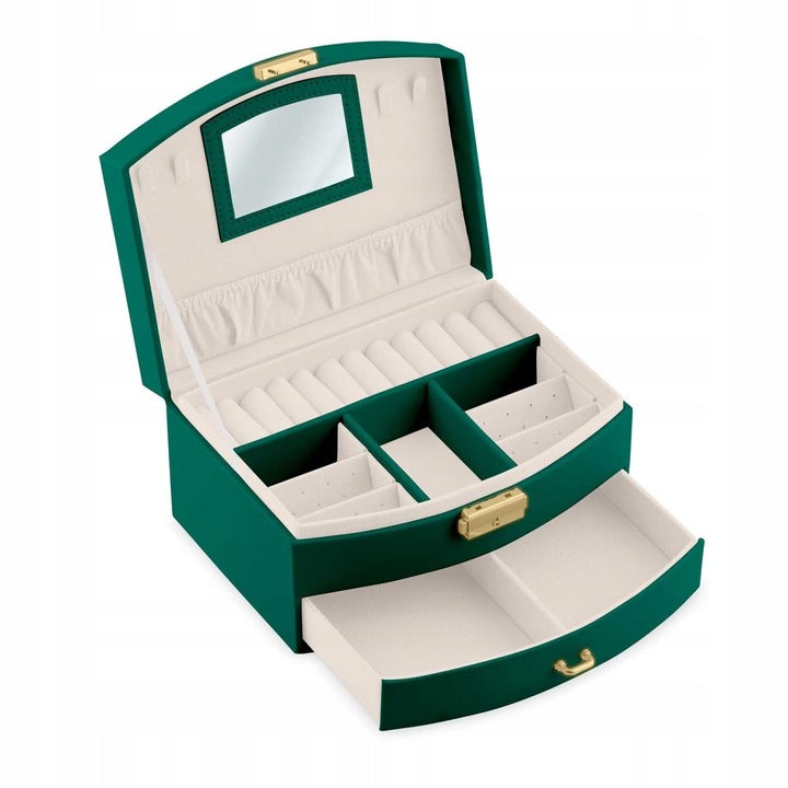 Cutie de Bijuterii idealSTORE, Dimensiuni 20,5 x 13,5 x 10,5 cm, Include Oglinda, Incuietoare, Organizator pe 2 nivele Spatiu pentru inele, Cercei, Umerase pentru Colier, Piele Ecologica, Rezistenta la Socuri, Maner pentru Transport, Design Rafinat