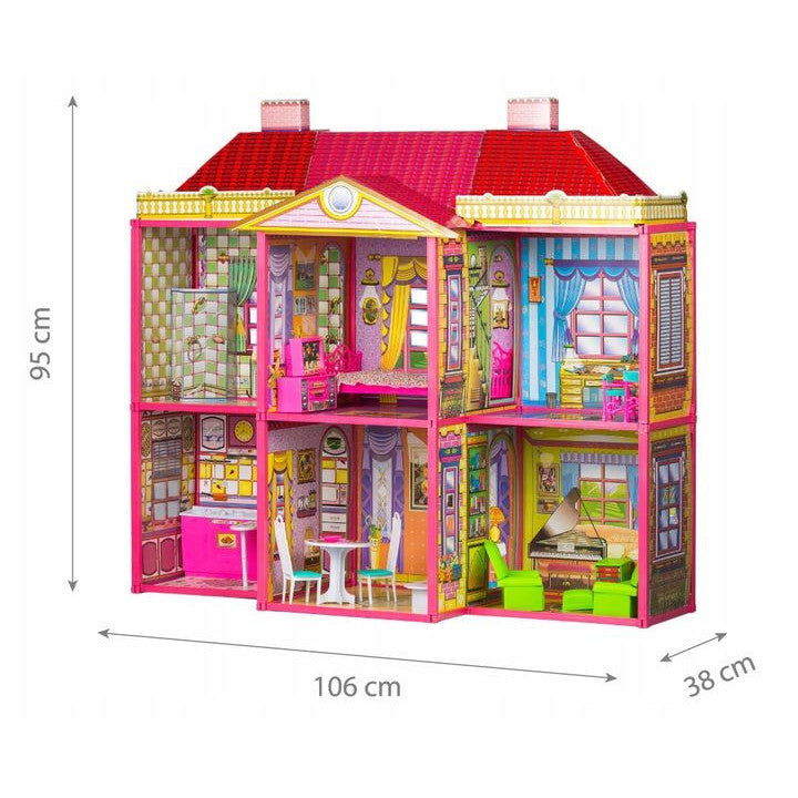 Casuta pentru papusi IDL MY BEAUTIFUL VILLA, Dimensiuni 106 x 95 x 38 cm, 128 de Elemente, 6 camere interconectate, mobilate si utilate, Accesorii incluse, Casa are un cadru din plastic si pereti din carton