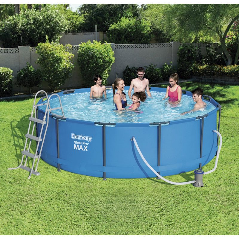 Pscina cu cadru metalic AIX , rotunda, cu pompa de filtrare a apei si scara, cu cadrul metalic rezistent la coroziune, culoare albastru