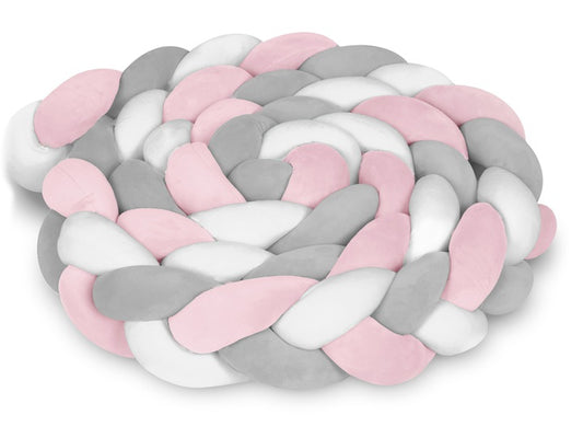 Protectie Laterala pentru Patut Bumper Rico idealSTORE, Lungime 3 m, Material moale, Placut la atingere, Protejeaza impotriva curentilor de aer si a loviturilor, Antialergic, Roz-Gri