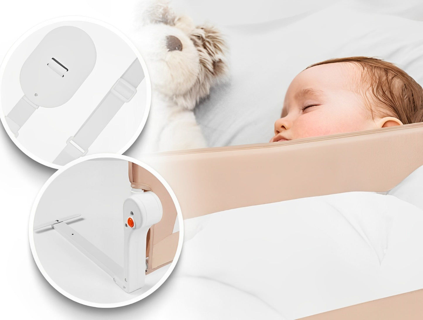 Bariera de Protectie Patut Safe Guard idealSTORE, Dimensiuni 150 x 35 x 42 cm, Include Centuri de Siguranta, Plasa Rezistenta si Aerisita, Sistem de Blocare, Cadru Durabil din Otel, Ajustare la 180 Grade, Bej Edition