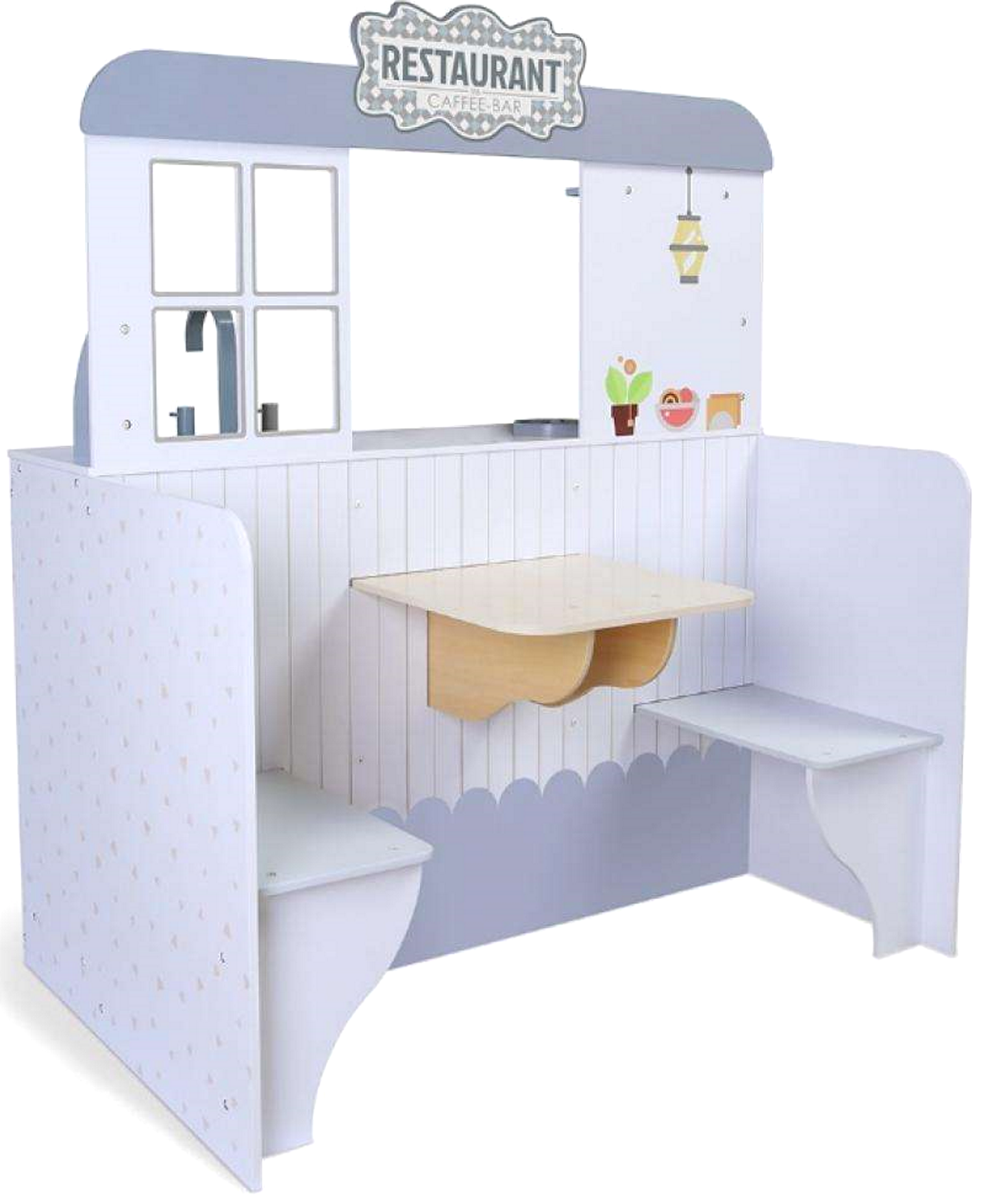 Bucatarie 2in1 cu Restaurant idealStore KitchenRestaurant din Lemn Fara margini Ascutite dotata cu Aragaz Frigider, Chiuveta, Masina de Spalat Vase, Masa, Scaune