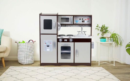 Bucatarie Profesionala din Lemn Pentru Copii Luxury Kitchen idealSTORE, Include Cuptor Frigider Dulap, Aragaz echipat cu butoane Ustensile de bucatarie, Structura solida, Microunde, Perfect pentru un mic bucatar