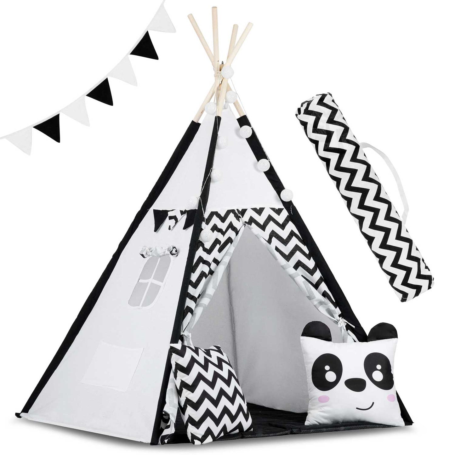 Cort de Joaca cu Lumini idealStore TIPI, model Tipi, Bumbac Natural, cu Perne, Covoras Izolator, Structura Stabila, Pereti Glisanti, Husa de Depozitare