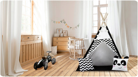 Cort de Joaca cu Lumini idealStore TIPI, model Tipi, Bumbac Natural, cu Perne, Covoras Izolator, Structura Stabila, Pereti Glisanti, Husa de Depozitare