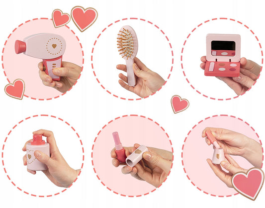 Set masa MAKE UP IdealStore din lemn cu Oglinda si Scaun, Sertar, cu accesorii pentru par si machiaj, Dimensiune- 49 x 34 x 97 cm, Lemn roz