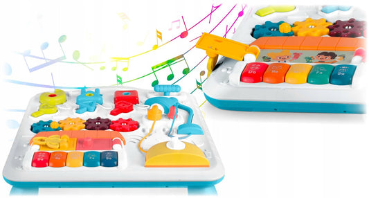 Masuta Interactiva Muzicala 5in1 idealSTORE, Include Pian Colarat cu Diverse Sunete, Panou Detasabil, Lampa Intermitenta cu Sunet, Volum Reglabil, Dezvolta Imaginatia Copilului