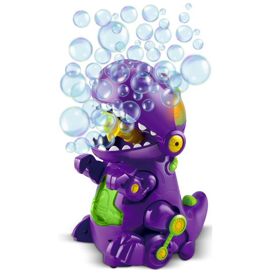 Aparat de facut baloane din sapun Bubble Dino Idealstore in forma de dinozaur, Din plastic, Dimensiune 11.5 X 16 X 21 cm, Lumineaza, Reda melodii si se Plimba, Solutie din sapun inclusa in pachet, Ideal pentru o zi distractiva de vara