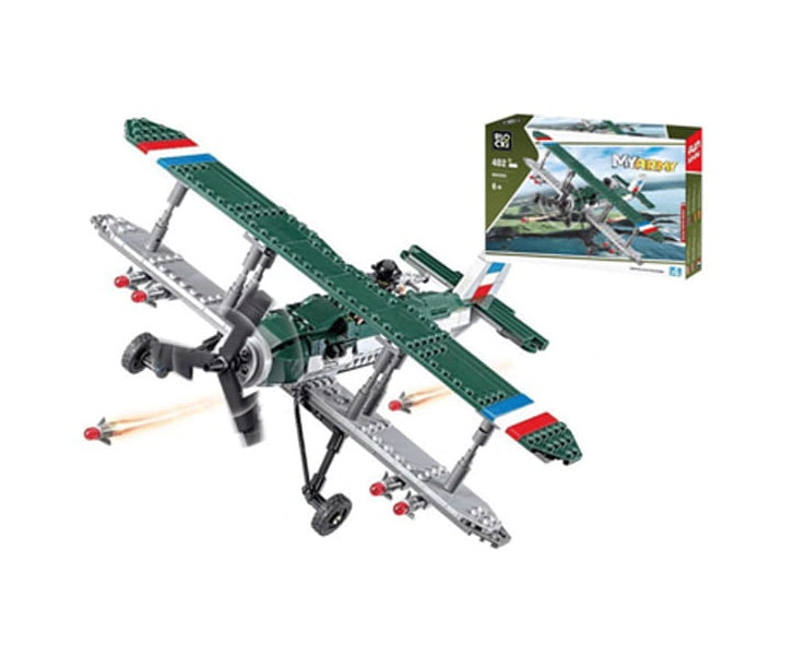 Set de constructie idealSTORE The Army Plane, Echipat cu 402 elemente cu tema militara, Exerseaza abilitati manuale, Dezvolta concentrarea si imaginatia