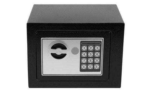 Seif cu Cod de Siguranta idealStore, Pereti Grosi, Usa Solida, Lagare de inchidere Supradimensionate, Posibilitate de fixare pe Perete, Cod Electric, Semnal Sonor, culoare Negru