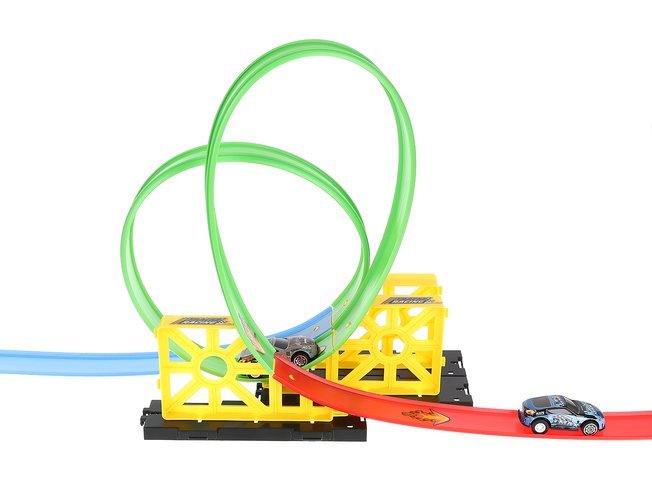 Circuit cu lansator si masinuta de jucarie, pista cu x 2 bucle si 2 masini, lungime pista 165 cm