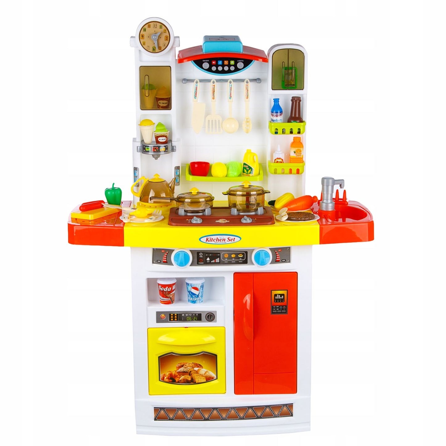 Bucatarie MULTIFUNCTIONALA IDL Candy Pink, 95 CM Inaltime, Efecte luminoase si sonore, Dotata cu accesorii simbolice: aragaz, frigider, cuptor, vesela, produse alimentare, Maro