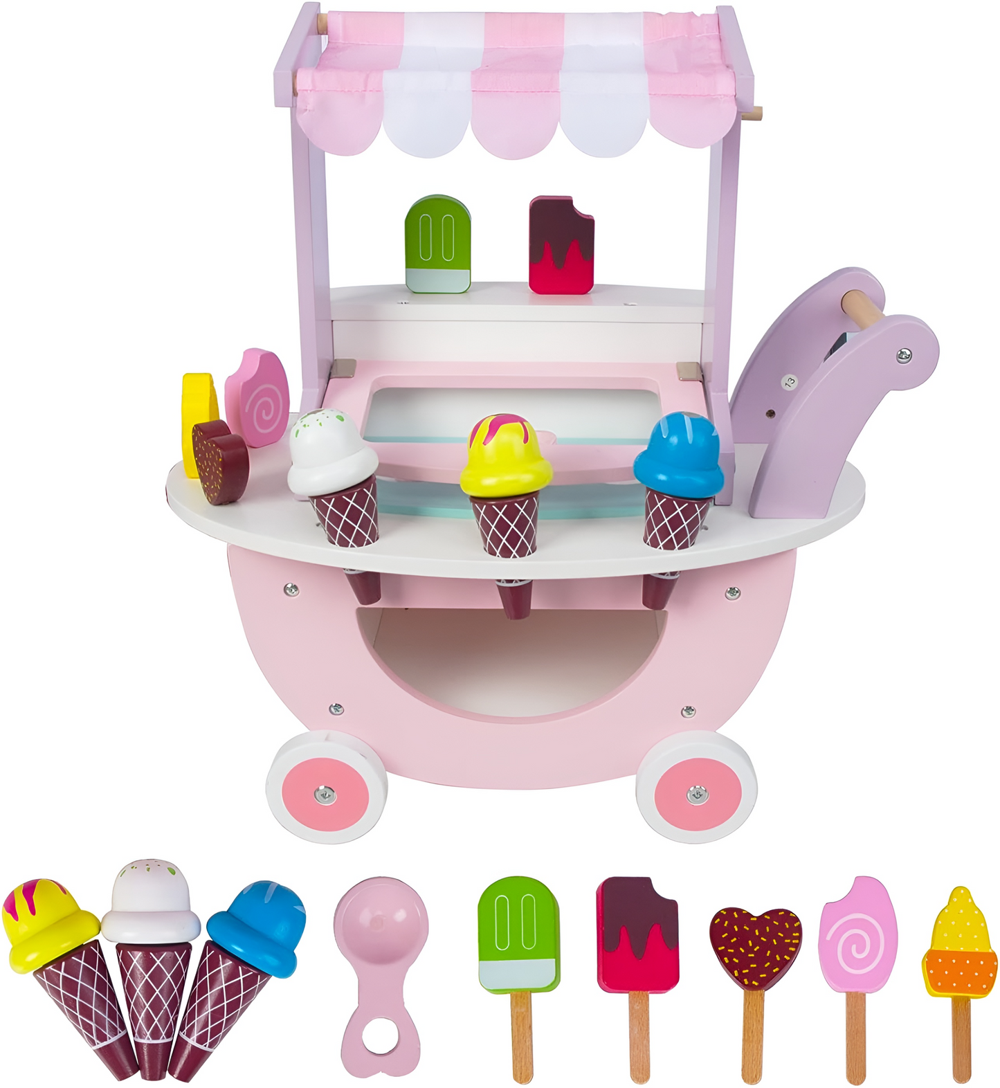 Carucior de Inghetata Sweet Cream ideal STORE, Mobil, Dimensiune 41 x 19 x 44 cm, Din Lemn de inalta calitate, Include 10 accesorii, Ajuta la dezvoltarea imaginatiei si creativitatii, Pink Edition