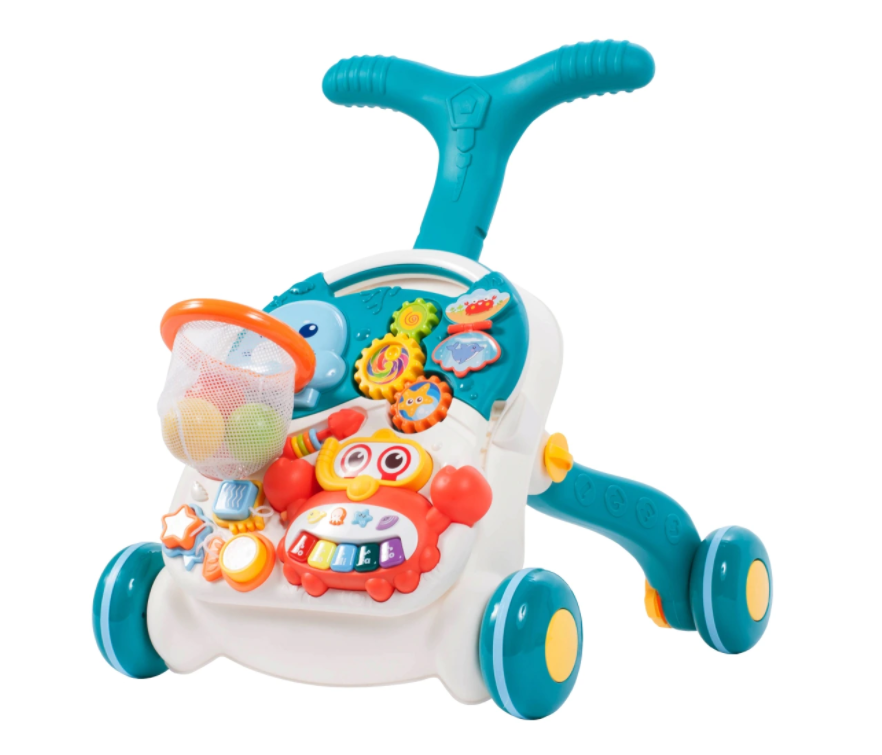 Antemergator Interactiv 5 in 1 Dumbo idealStore, Masuta Detasabila, Mini Cos de Baschet, Mingi Incuse, Lumini si Sunete, Culoare Albastru Marin