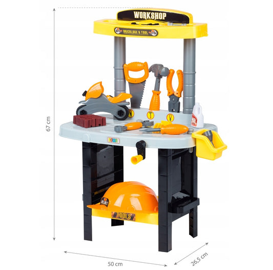 Banc de Lucru INTEARACTIV IDL, THE FIRST WORKSHOP, Model cu 39 Accesorii cu Facilitati Interesante: casca protectie, ciocan, surubelnita, fierastrau, suruburi si piulite pentru a Dezvolta propriul atelier
